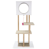 Rascador alto de madera para gatos con 2 tablas de cartón corrugado - Blanco