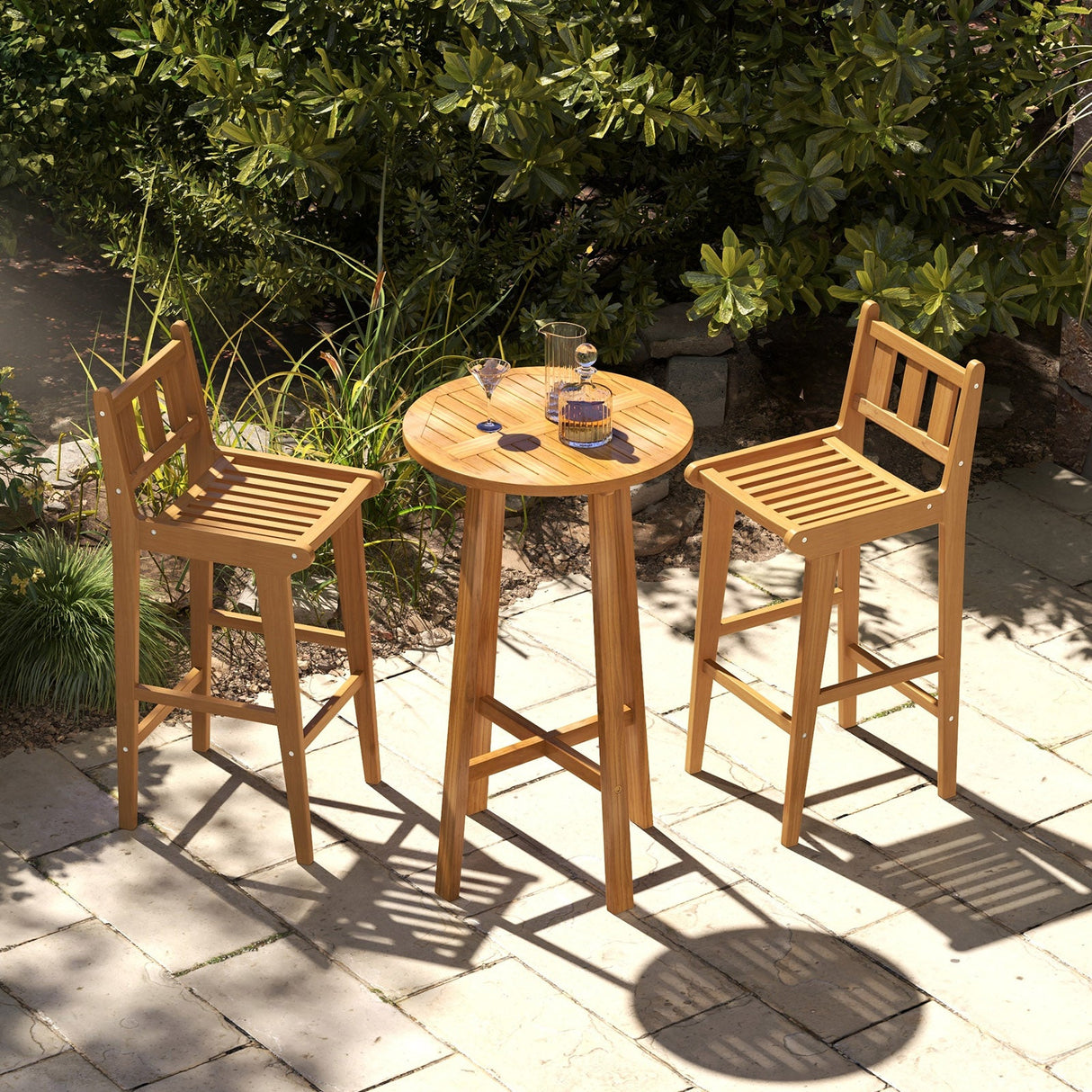 Silla de bar de madera de teca de 30 pulgadas con reposapiés y respaldo para jardín junto a la piscina