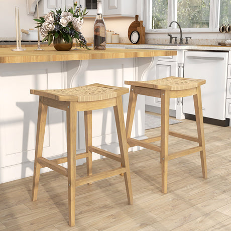 Taburete de bar de ratán para patio de 29 pulgadas con reposapiés y asiento de silla de montar