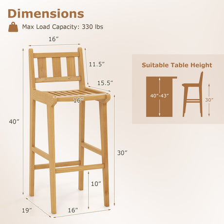 Silla de bar de madera de teca de 30 pulgadas con reposapiés y respaldo para jardín junto a la piscina