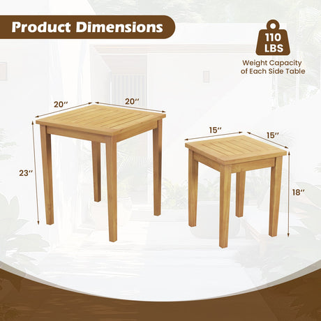 Mesa nido de teca para patio exterior, diseño que ahorra espacio, 2 piezas