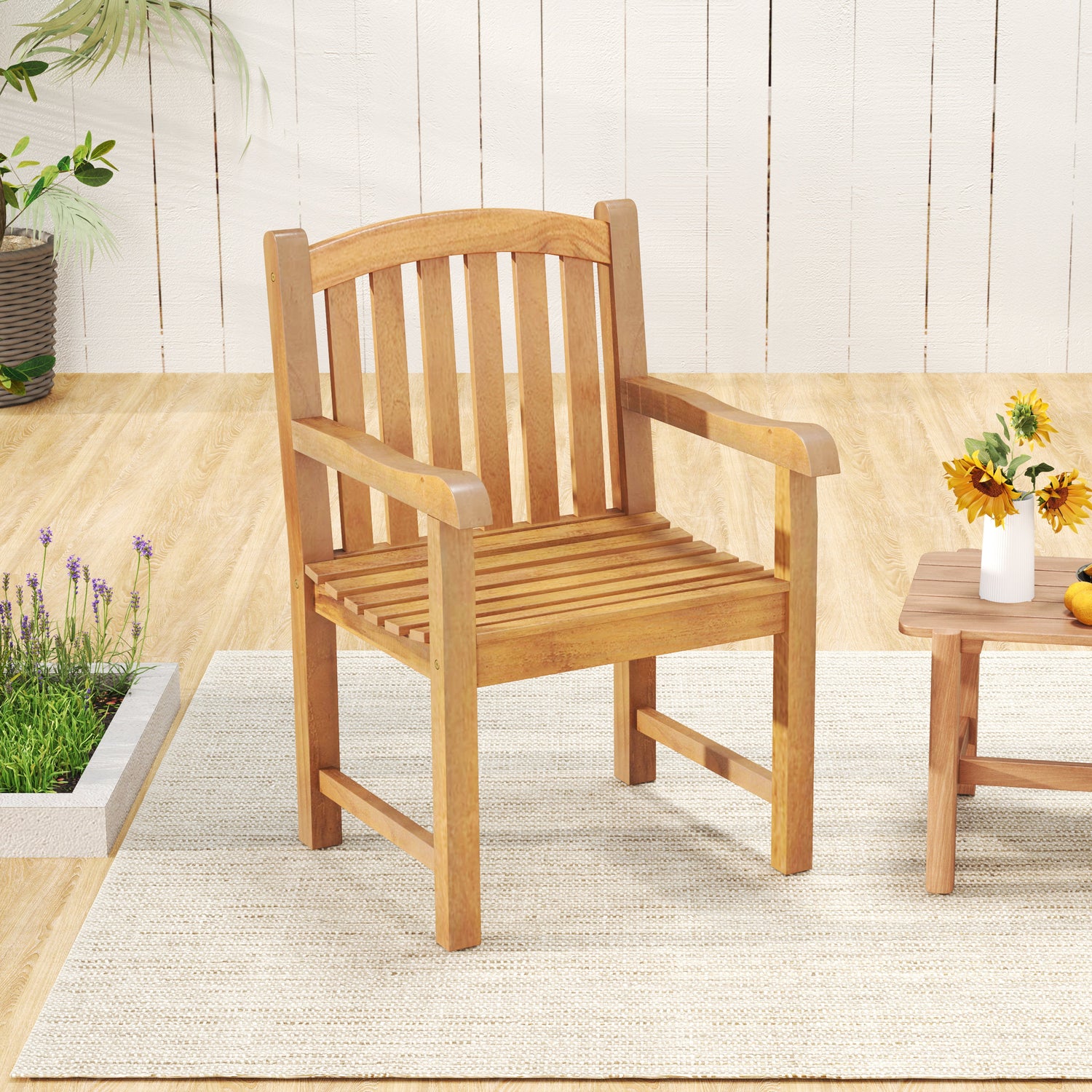 Silla de Comedor de Madera de Teca para Patio con Respaldo de Listones y Patas Sólidas