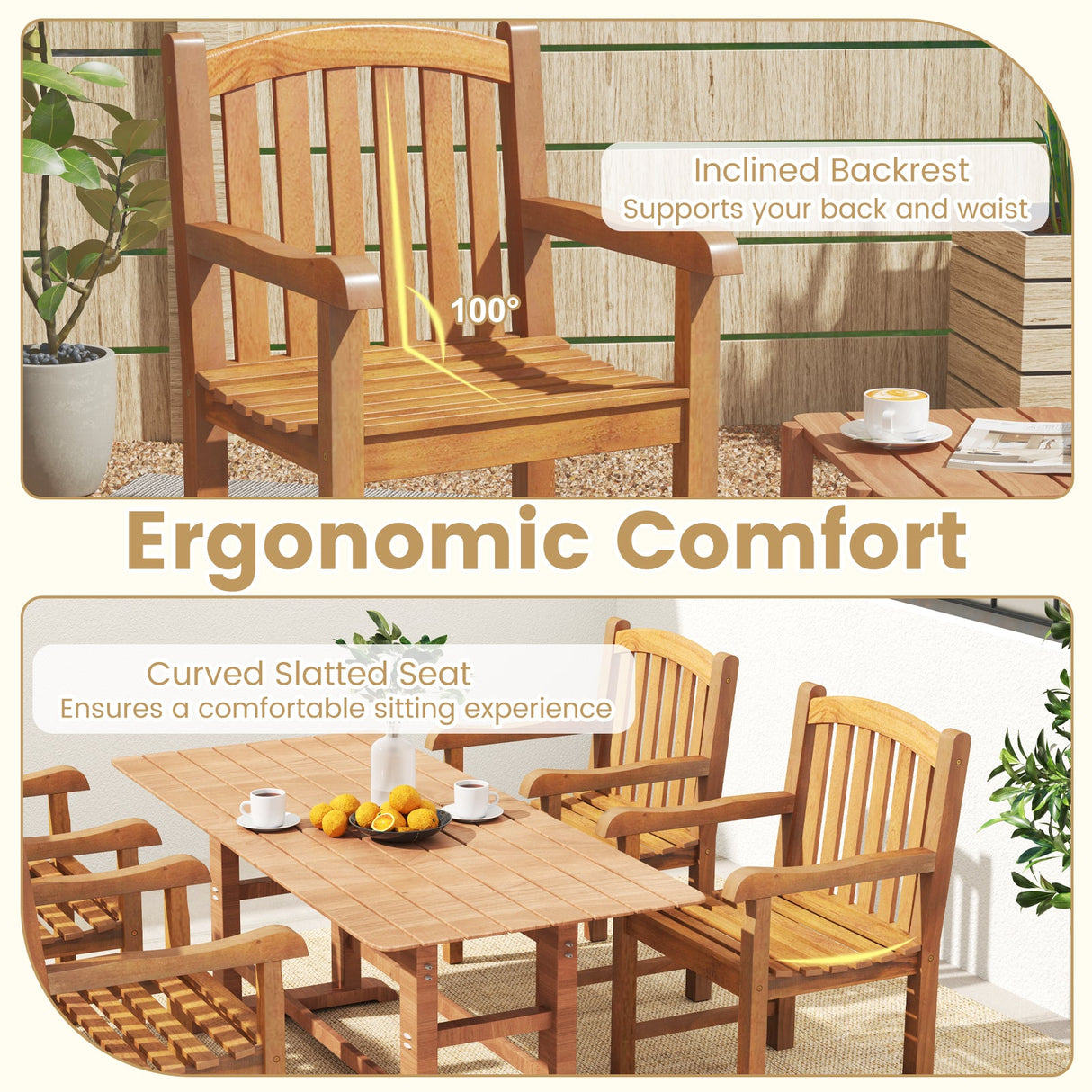 Silla de Comedor de Madera de Teca para Patio con Respaldo de Listones y Patas Sólidas