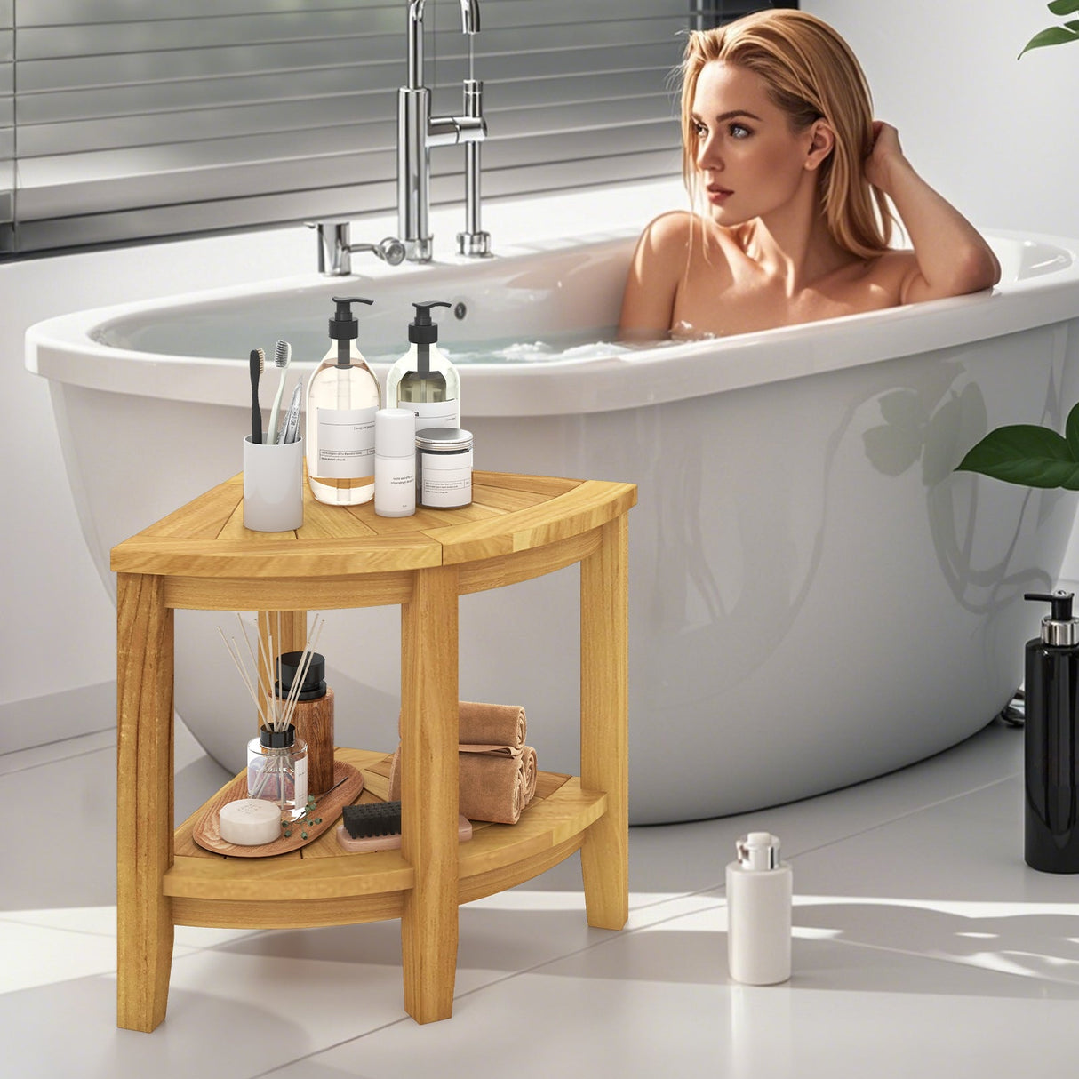 Banco de teca para ducha con estante de almacenamiento para sentarse dentro de la ducha