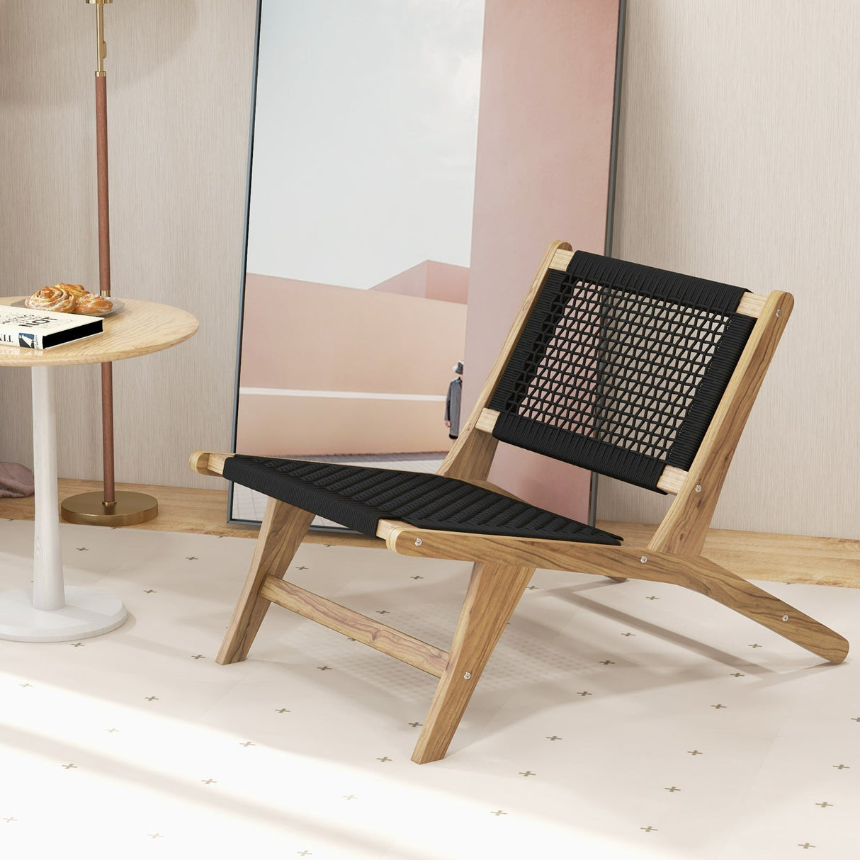 Silla de Teca de Interior o Exterior con Asiento y Respaldo de Cuerda Trenzada a Mano