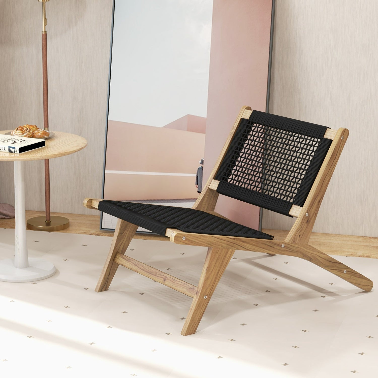 Silla de Teca de Interior o Exterior con Asiento y Respaldo de Cuerda Trenzada a Mano