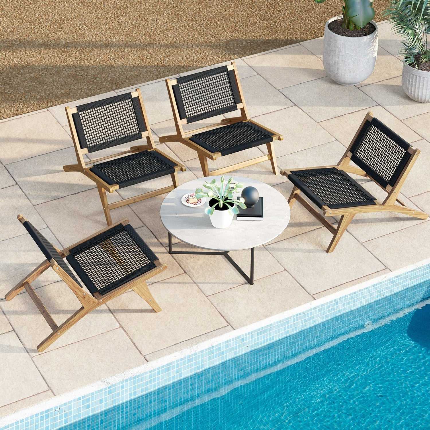 Silla de Teca de Interior o Exterior con Asiento y Respaldo de Cuerda Trenzada a Mano