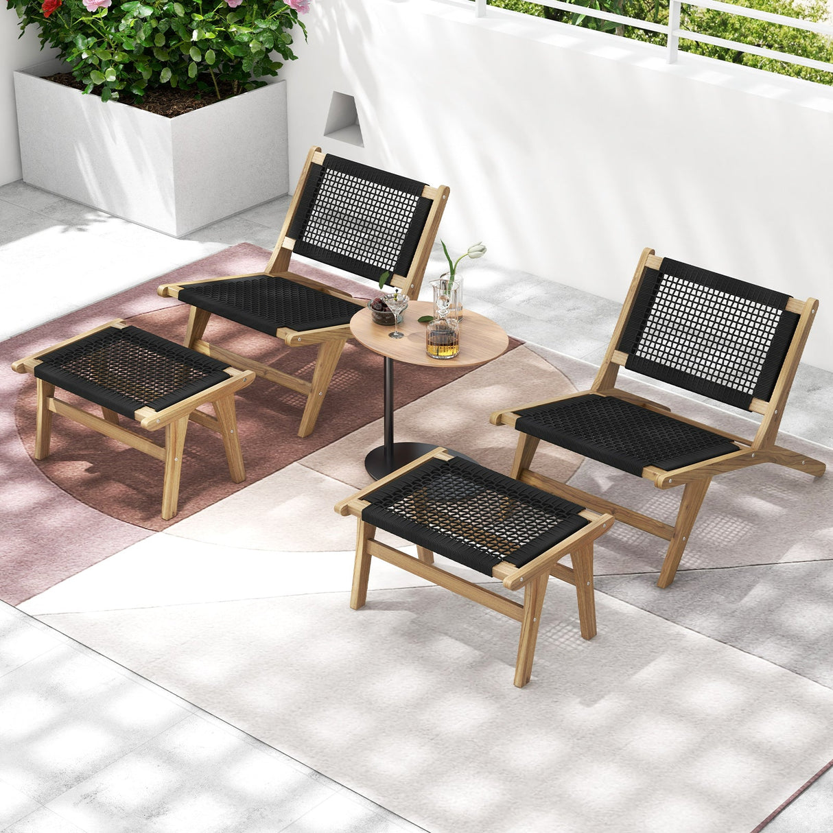 Silla de Teca de Interior o Exterior con Asiento y Respaldo de Cuerda Trenzada a Mano