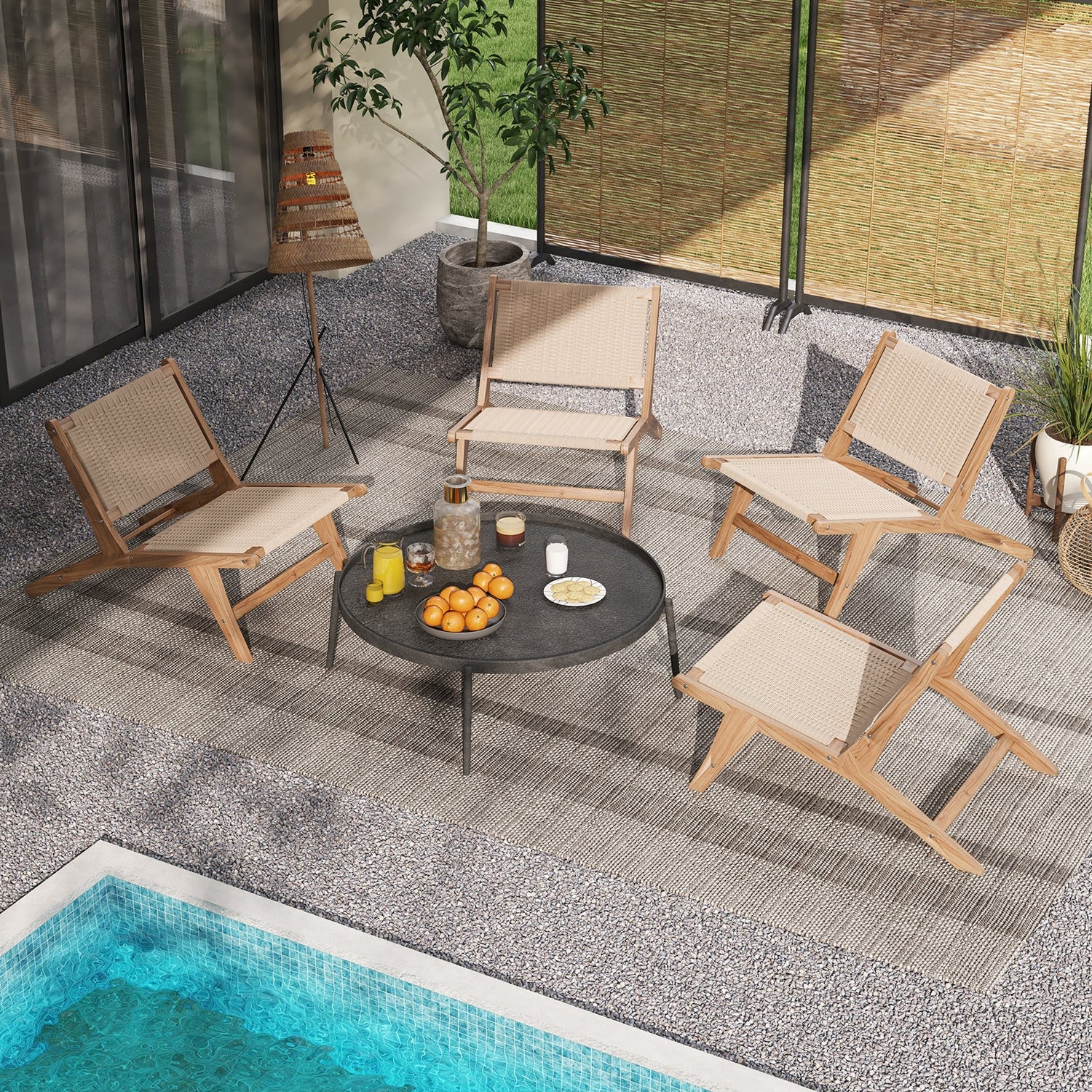Teak Wooden Chair with Braided Rope Seat and Backrest for Backyard