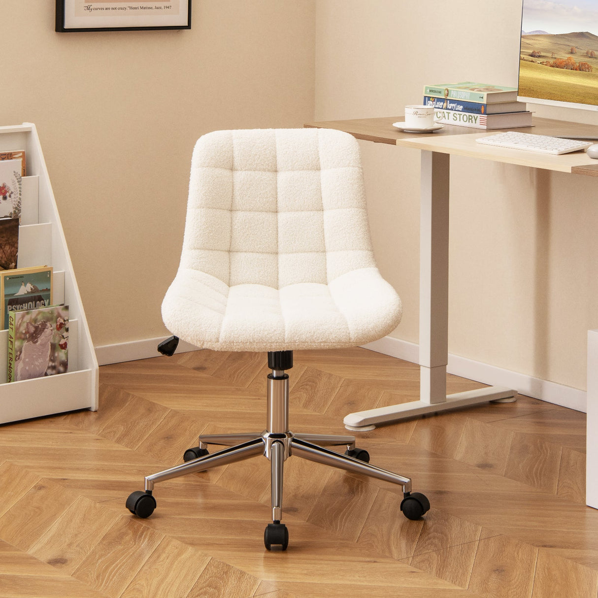 Sillón de oficina sin brazos Teddy Fleece, silla de tocador para maquillaje - Blanco