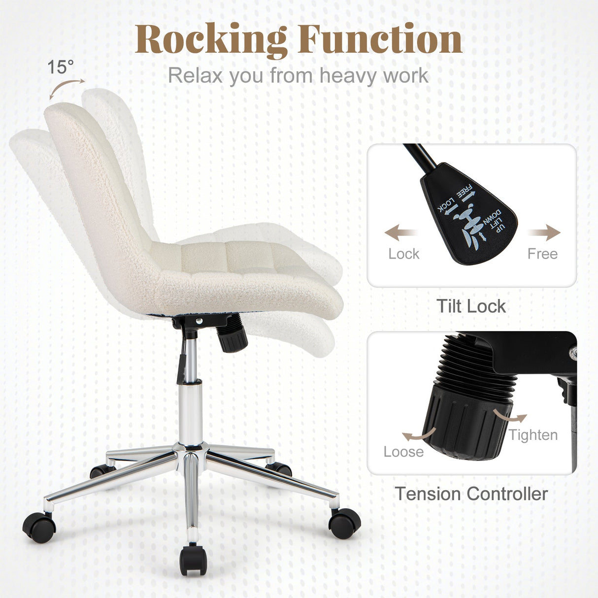 Sillón de oficina sin brazos Teddy Fleece, silla de tocador para maquillaje - Blanco