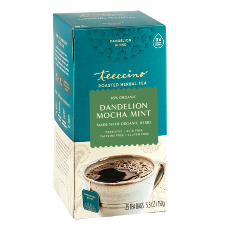 Té de hierbas tostado de diente de león con mocha y menta