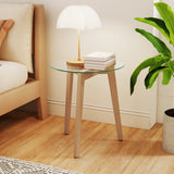 Tempered Glass End Table Round with Solid Rubber Wood Structure