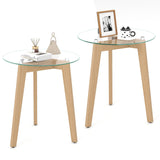 Tempered Glass End Table Round with Solid Rubber Wood Structure