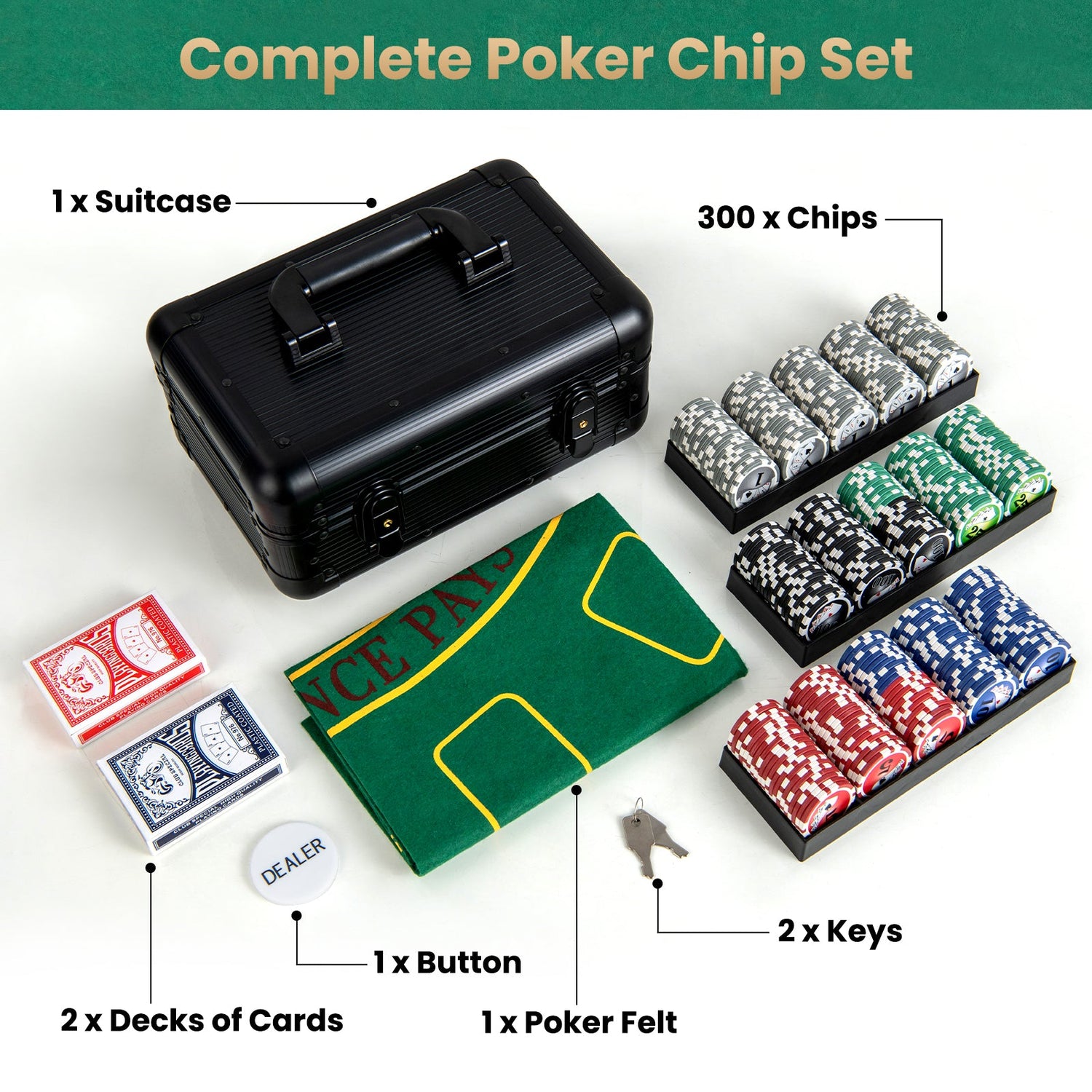 Juego de fichas de póquer Texas Hold'em con 300 fichas - Negro