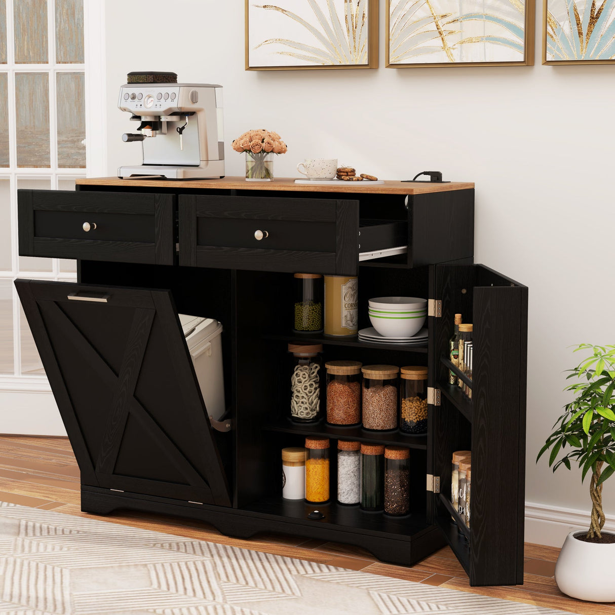 Cubo de basura basculante con enchufes y estante ajustable