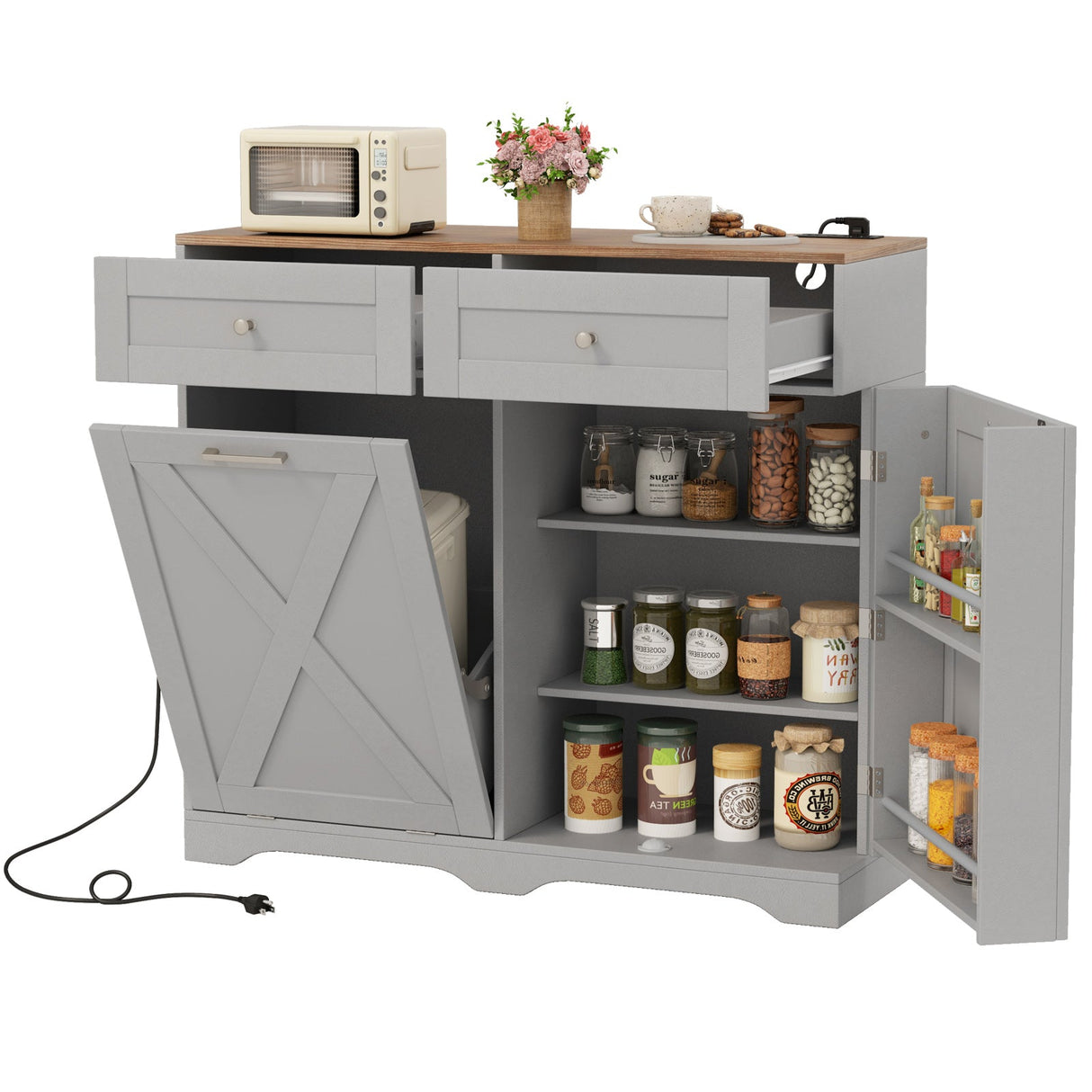 Cubo de basura basculante con enchufes y estante ajustable