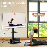 Tilt and Height Adjustable Floor TV Stand with Power Outlet and Adjustable AV Shelf