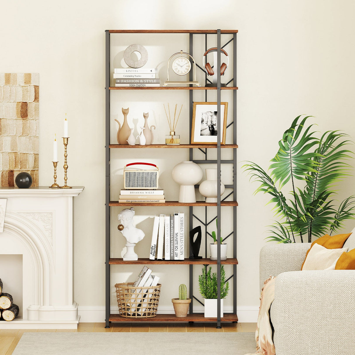 Estantería de 6 Niveles, Moderna Librería Geométrica con Estructura Metálica Reforzada y Kits Antivuelco