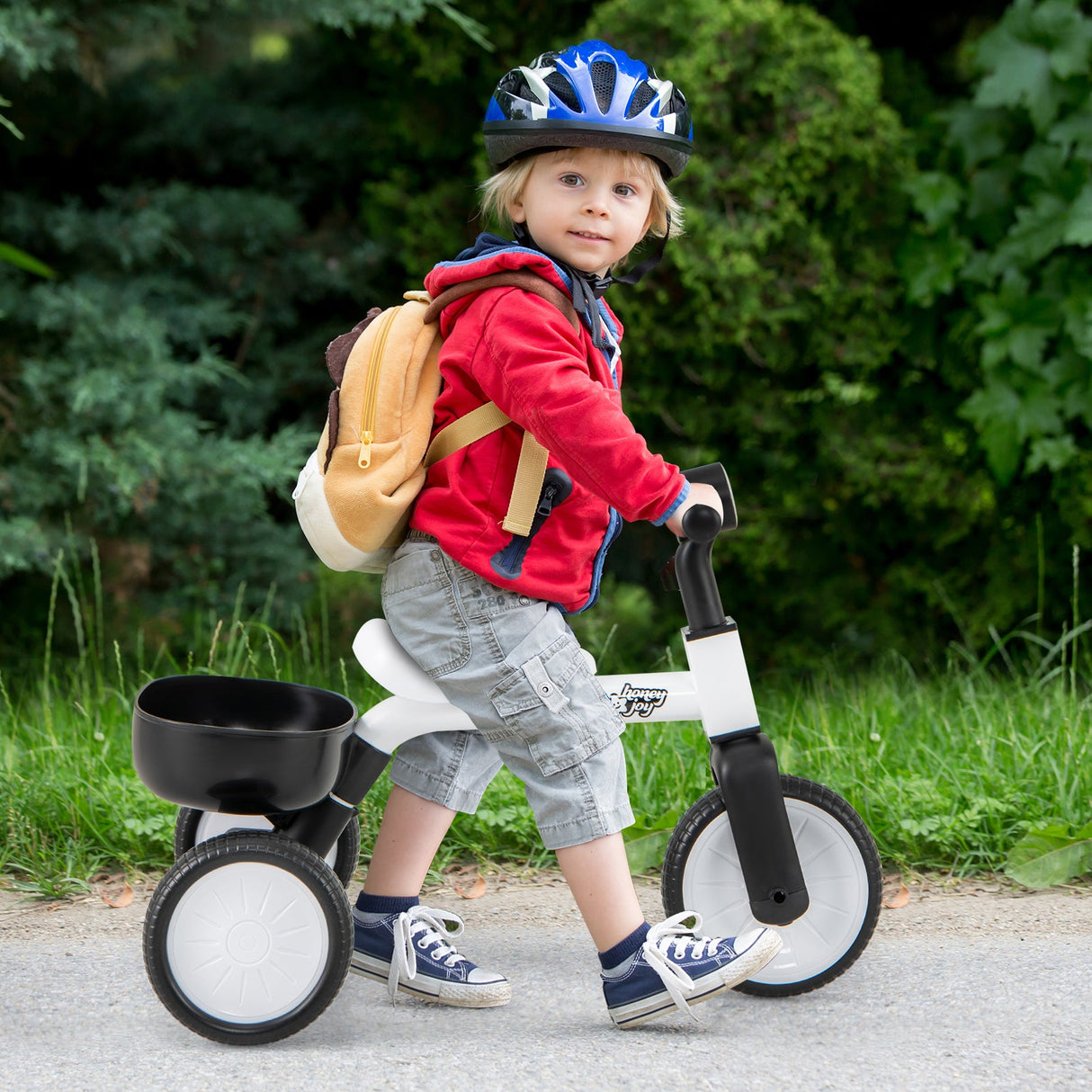 Triciclo convertible para niños pequeños con ángulo de dirección limitado de 86° y estructura de acero al carbono-Blanco