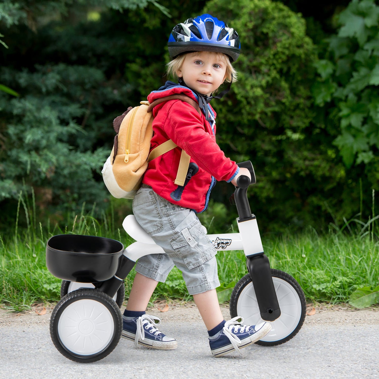 Triciclo convertible para niños pequeños con ángulo de dirección limitado de 86° y estructura de acero al carbono-Blanco