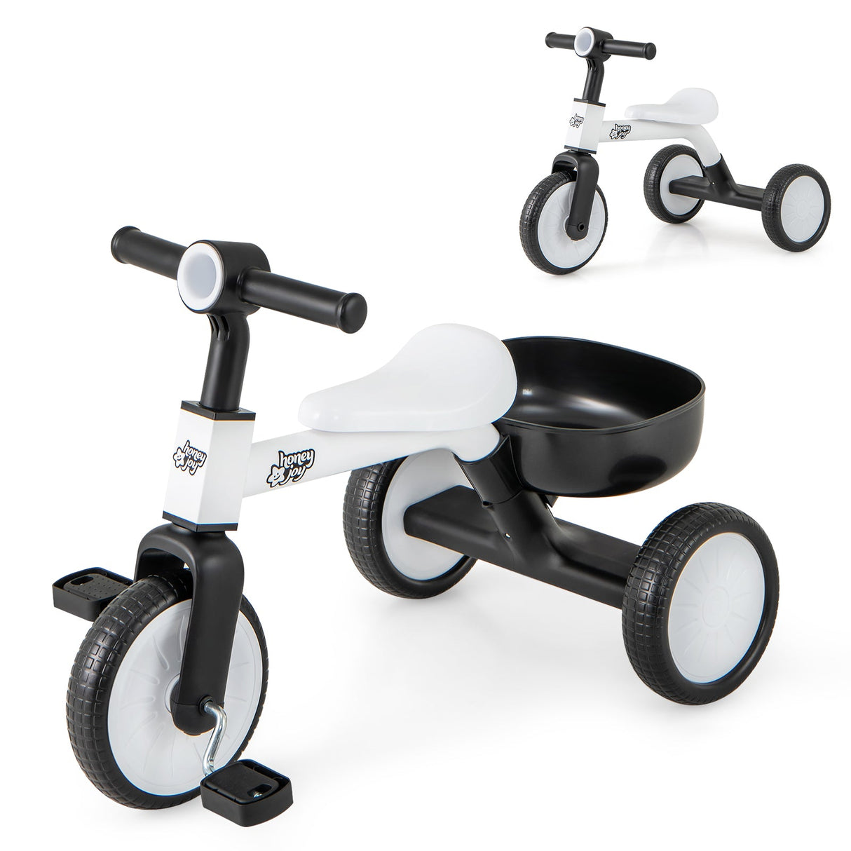 Triciclo convertible para niños pequeños con ángulo de dirección limitado de 86° y estructura de acero al carbono-Blanco