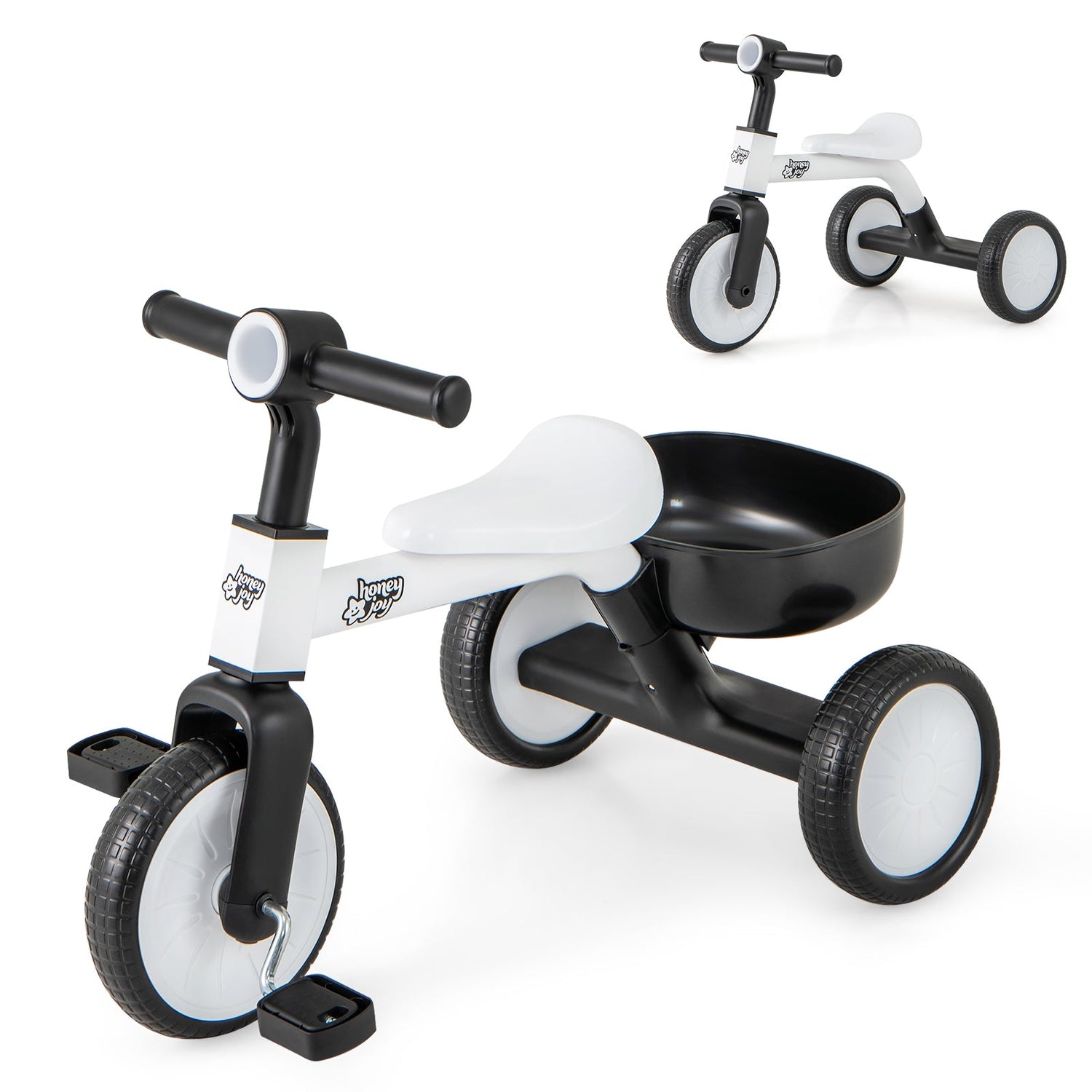 Triciclo convertible para niños pequeños con ángulo de dirección limitado de 86° y estructura de acero al carbono-Blanco