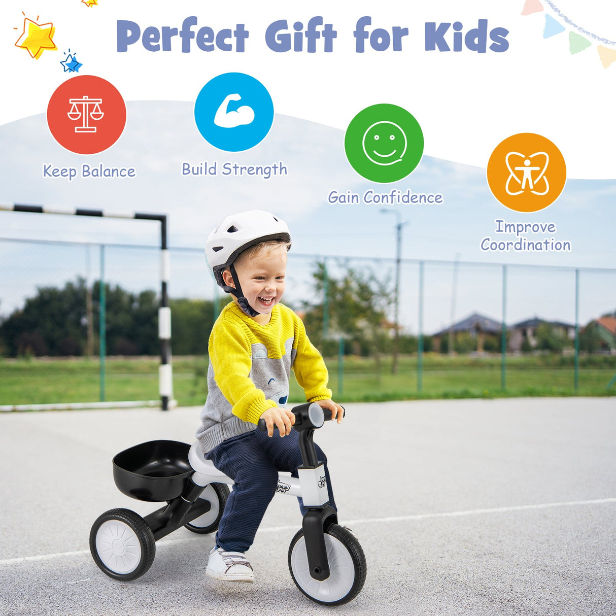 Triciclo convertible para niños pequeños con ángulo de dirección limitado de 86° y estructura de acero al carbono-Blanco