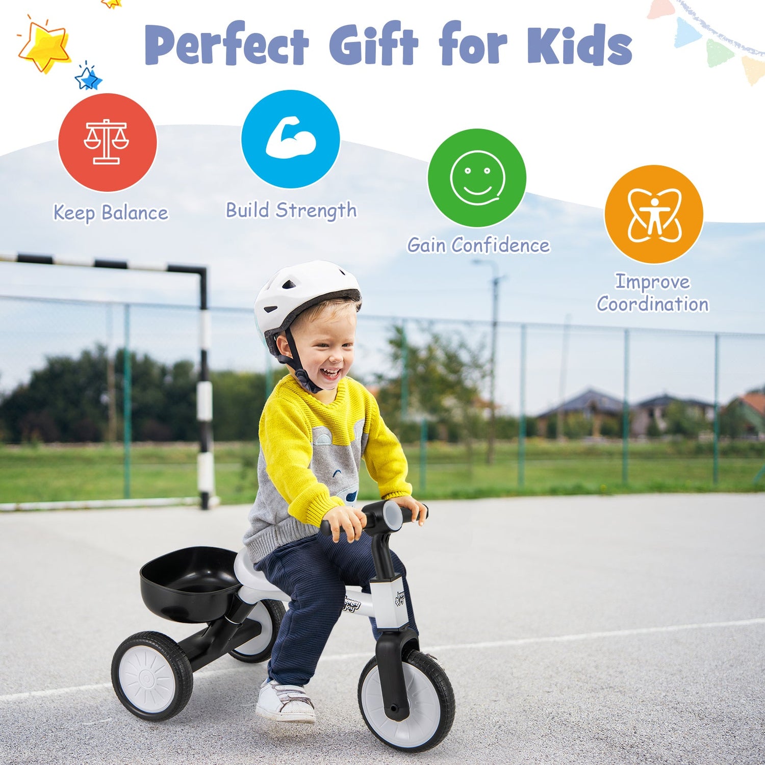 Triciclo convertible para niños pequeños con ángulo de dirección limitado de 86° y estructura de acero al carbono-Blanco