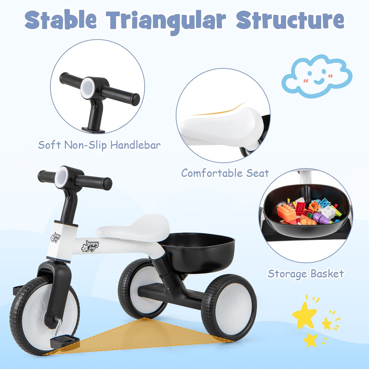 Triciclo convertible para niños pequeños con ángulo de dirección limitado de 86° y estructura de acero al carbono-Blanco