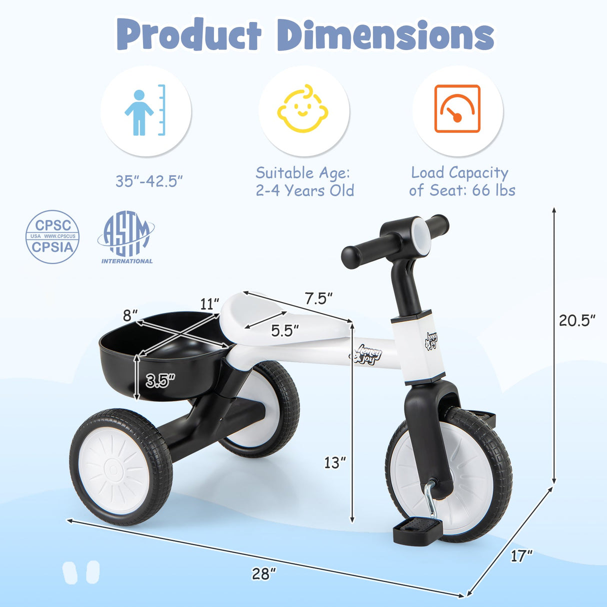 Triciclo convertible para niños pequeños con ángulo de dirección limitado de 86° y estructura de acero al carbono-Blanco