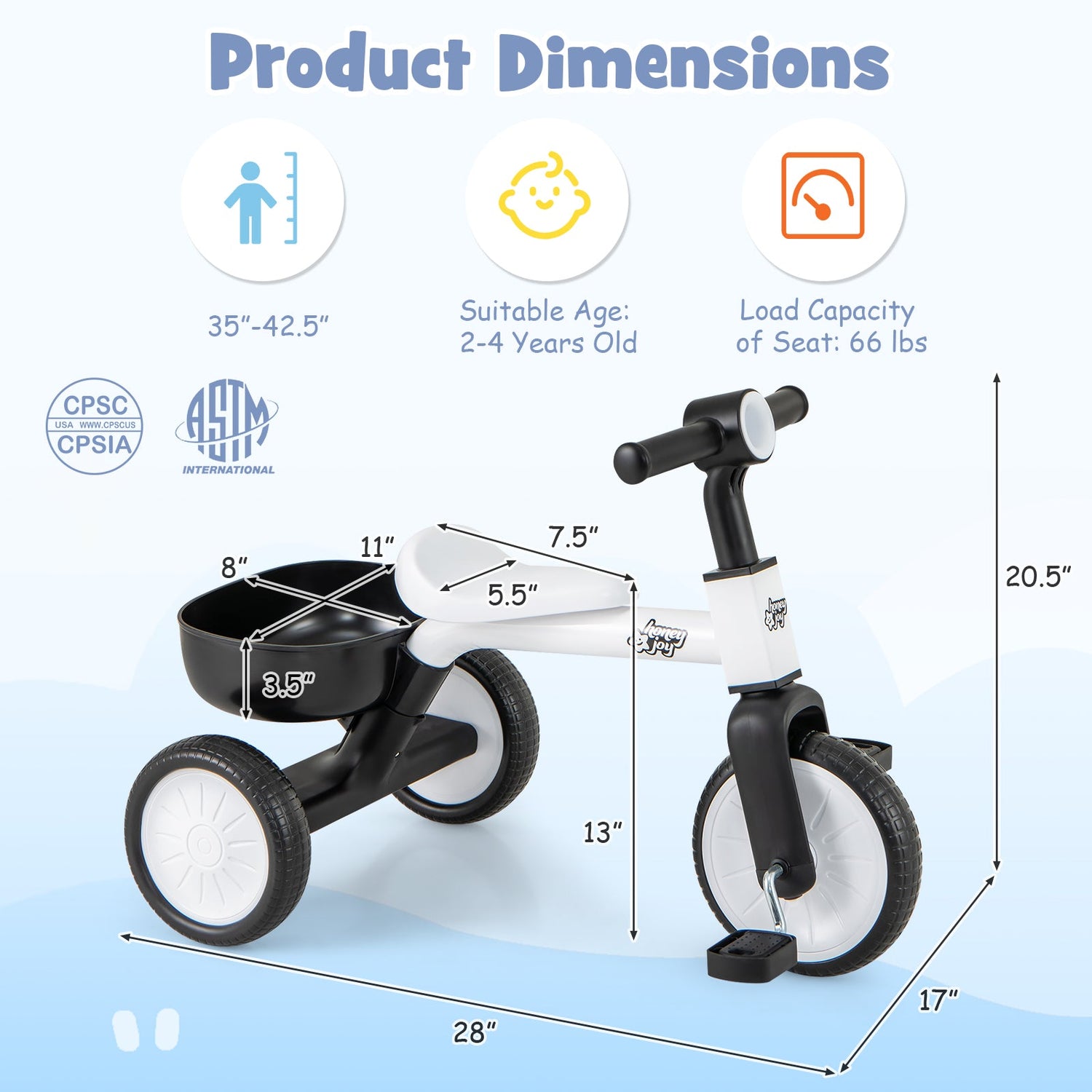 Triciclo convertible para niños pequeños con ángulo de dirección limitado de 86° y estructura de acero al carbono-Blanco