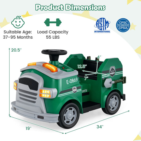 Coche de juguete para niños pequeños de bomberos de 12 V con pala y llave inglesa para edades de 37 a 95 meses