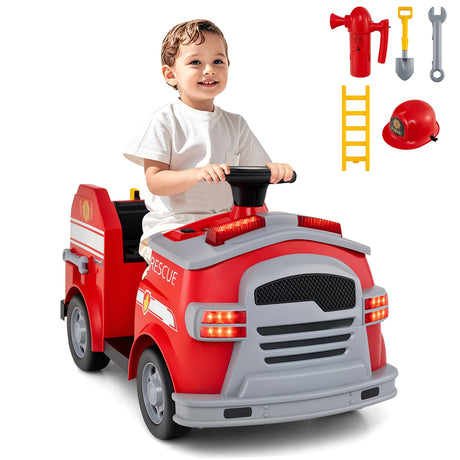 Coche de juguete para niños pequeños de bomberos de 12 V con pala y llave inglesa para edades de 37 a 95 meses