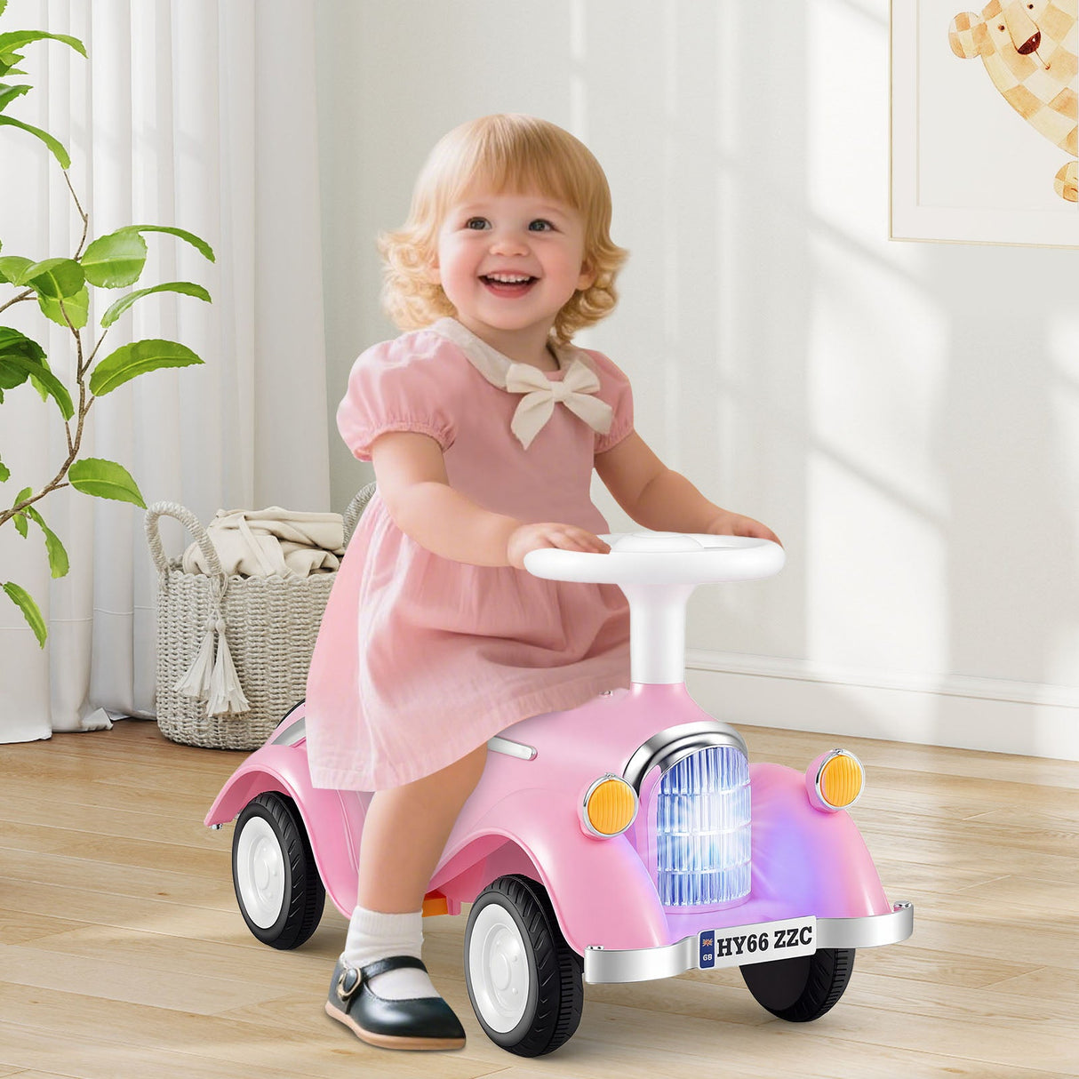 Coche clásico deslizante para niños pequeños con bocina y faro LED