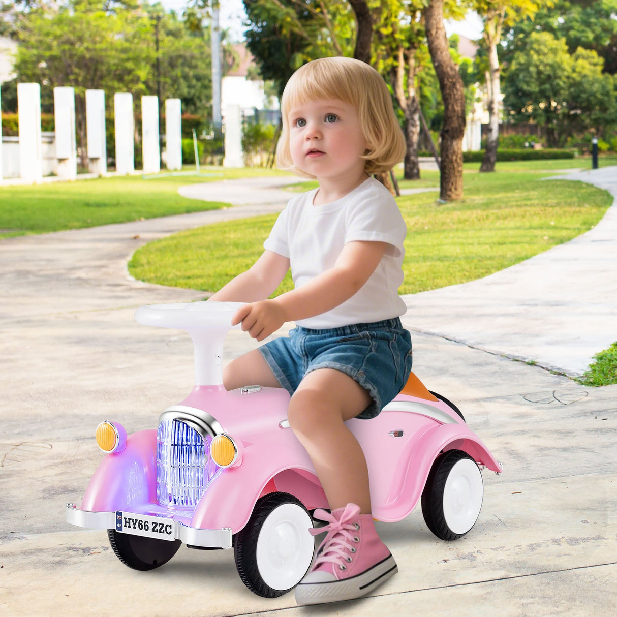 Coche clásico deslizante para niños pequeños con bocina y faro LED