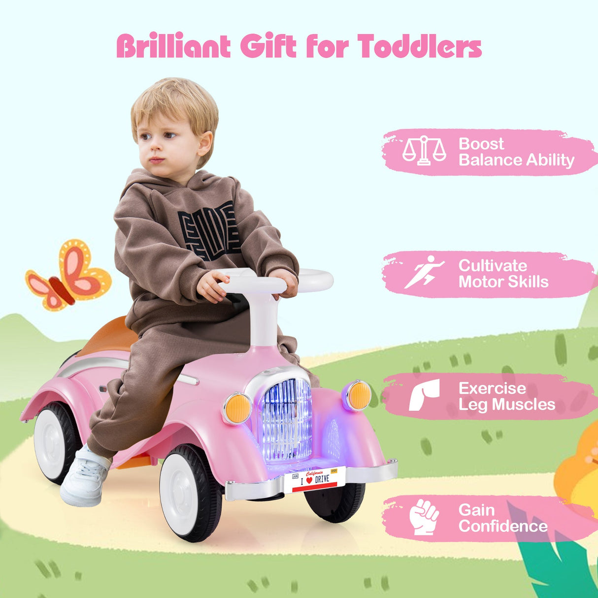 Coche clásico deslizante para niños pequeños con bocina y faro LED