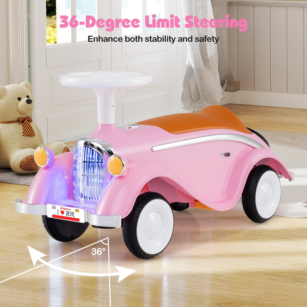 Coche clásico deslizante para niños pequeños con bocina y faro LED