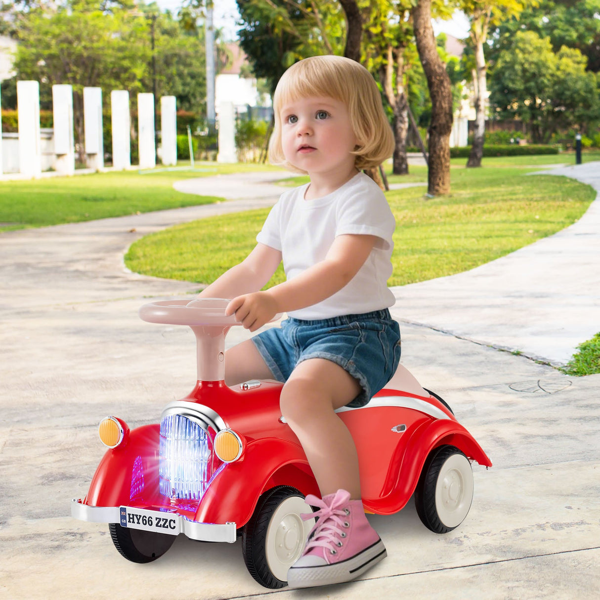 Coche clásico deslizante para niños pequeños con bocina y faro LED