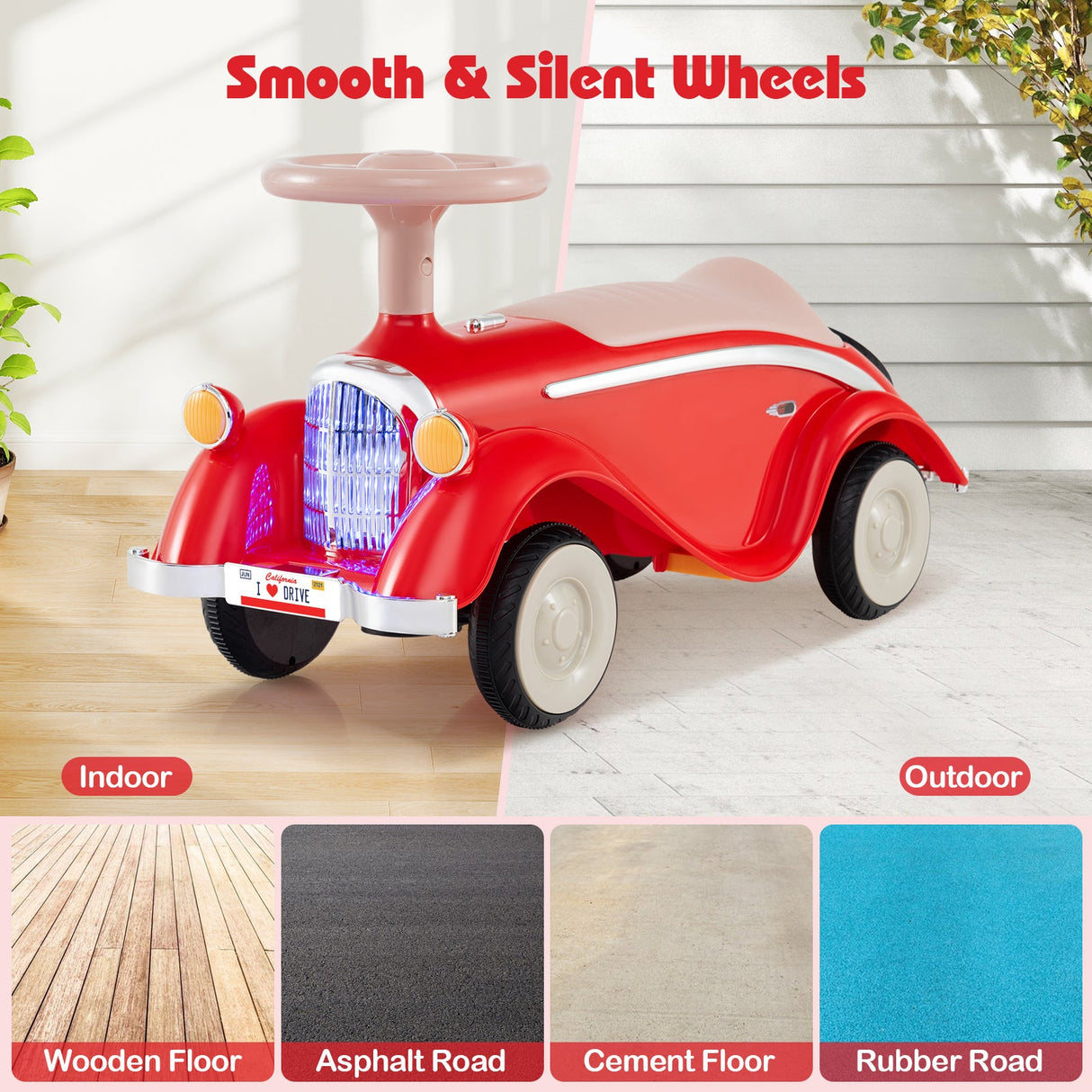 Coche clásico deslizante para niños pequeños con bocina y faro LED