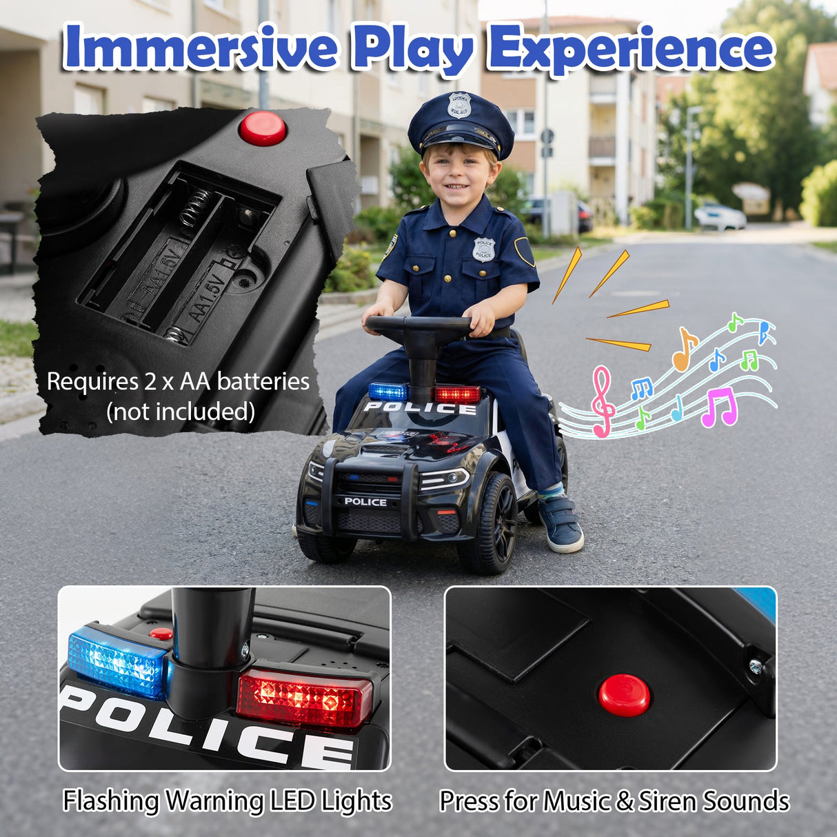 Coche Deslizante para Niños Pequeños con Volante y Almacenamiento Bajo el Asiento Push-Negro