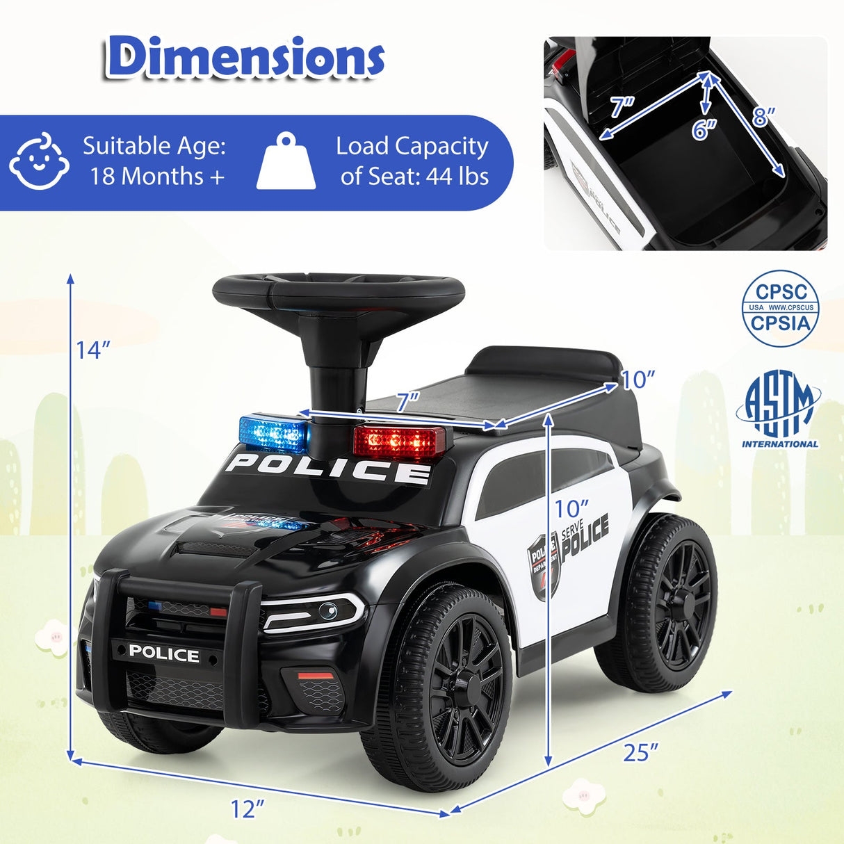 Coche Deslizante para Niños Pequeños con Volante y Almacenamiento Bajo el Asiento Push-Negro