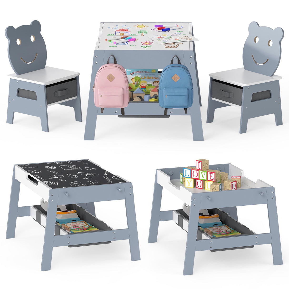 Mesa y 2 Sillas para Niños Pequeños, Set de Escritorio de Arte 5 en 1 con Pizarra y Pizarrón Reversibles
