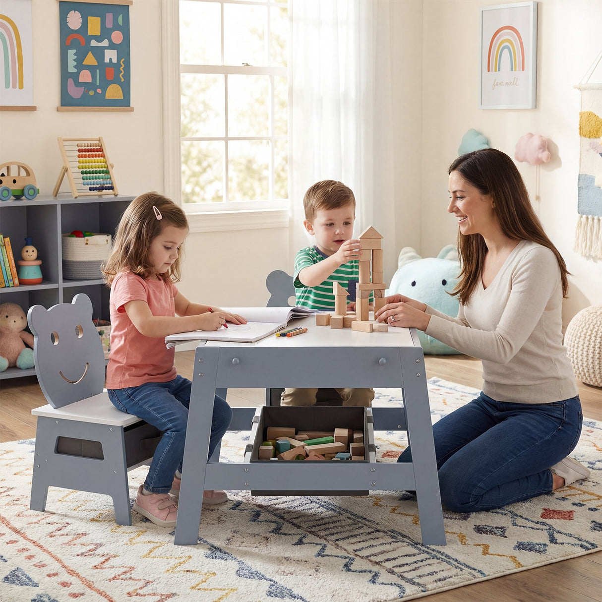 Mesa y 2 Sillas para Niños Pequeños, Set de Escritorio de Arte 5 en 1 con Pizarra y Pizarrón Reversibles