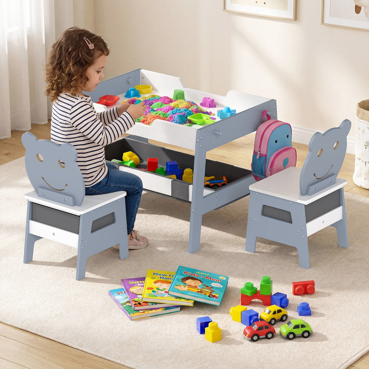Mesa y 2 Sillas para Niños Pequeños, Set de Escritorio de Arte 5 en 1 con Pizarra y Pizarrón Reversibles