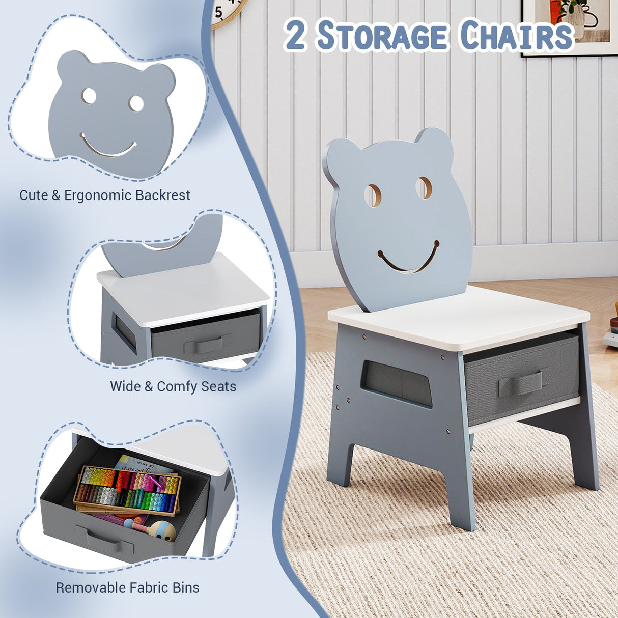 Mesa y 2 Sillas para Niños Pequeños, Set de Escritorio de Arte 5 en 1 con Pizarra y Pizarrón Reversibles