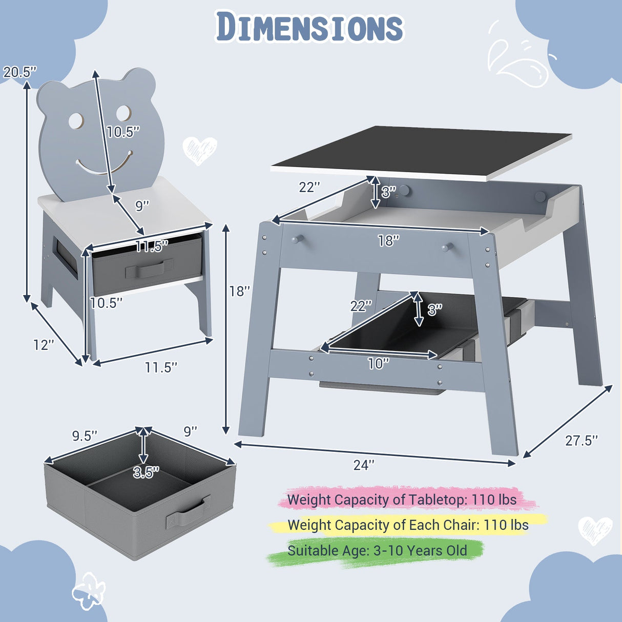Mesa y 2 Sillas para Niños Pequeños, Set de Escritorio de Arte 5 en 1 con Pizarra y Pizarrón Reversibles