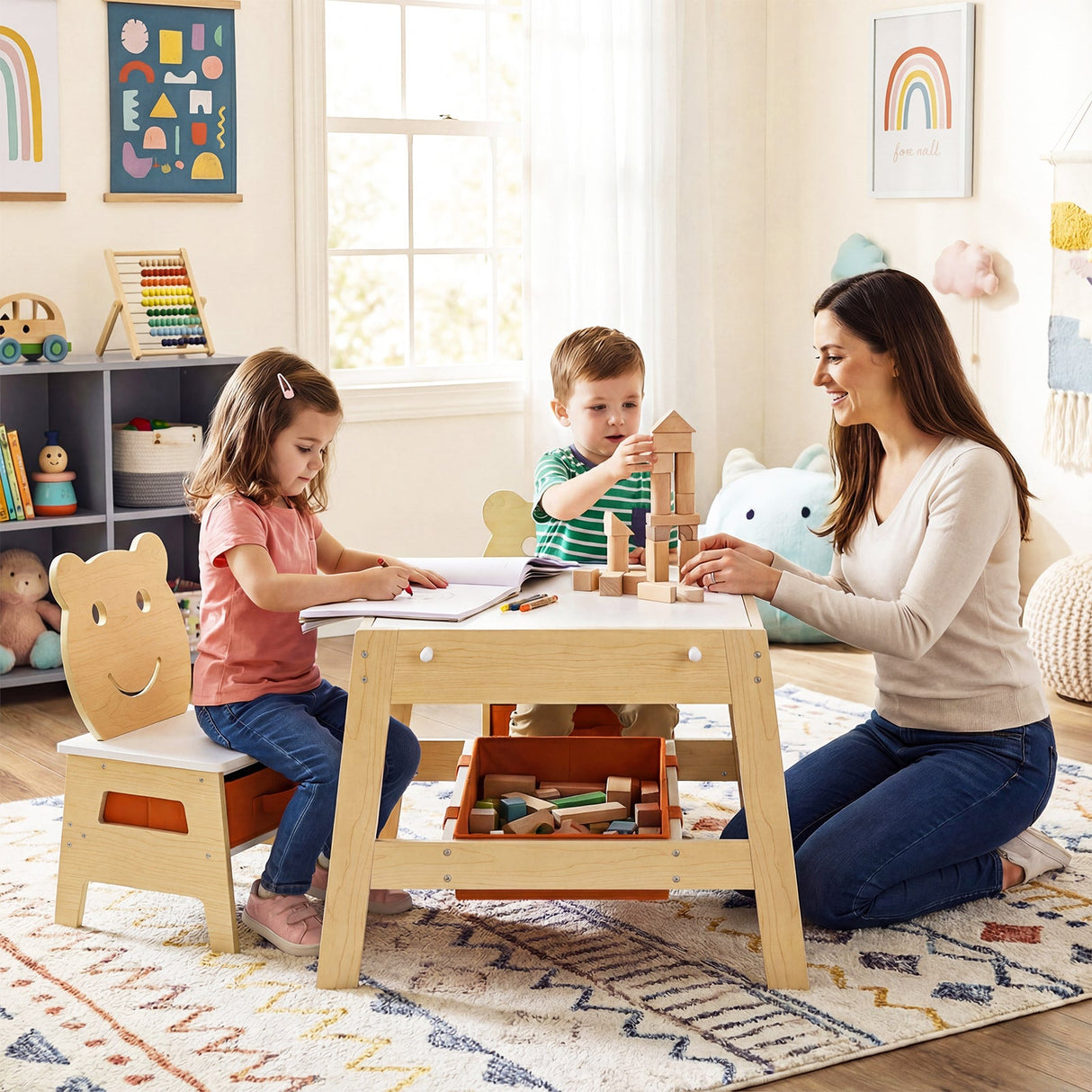 Mesa y 2 Sillas para Niños Pequeños, Set de Escritorio de Arte 5 en 1 con Pizarra y Pizarrón Reversibles