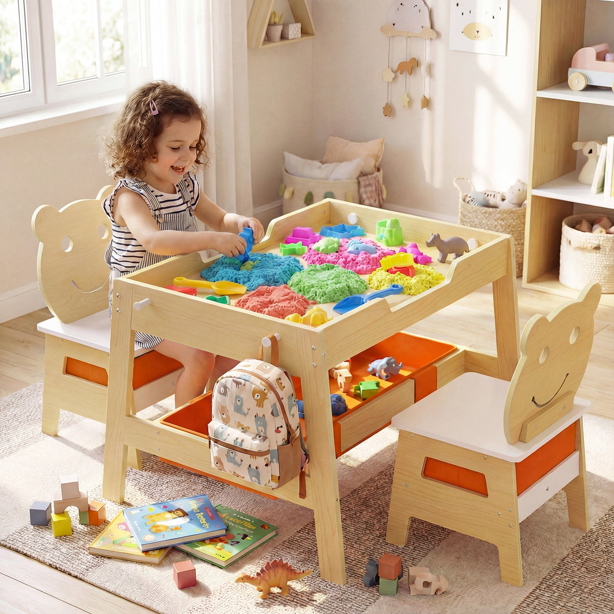 Mesa y 2 Sillas para Niños Pequeños, Set de Escritorio de Arte 5 en 1 con Pizarra y Pizarrón Reversibles