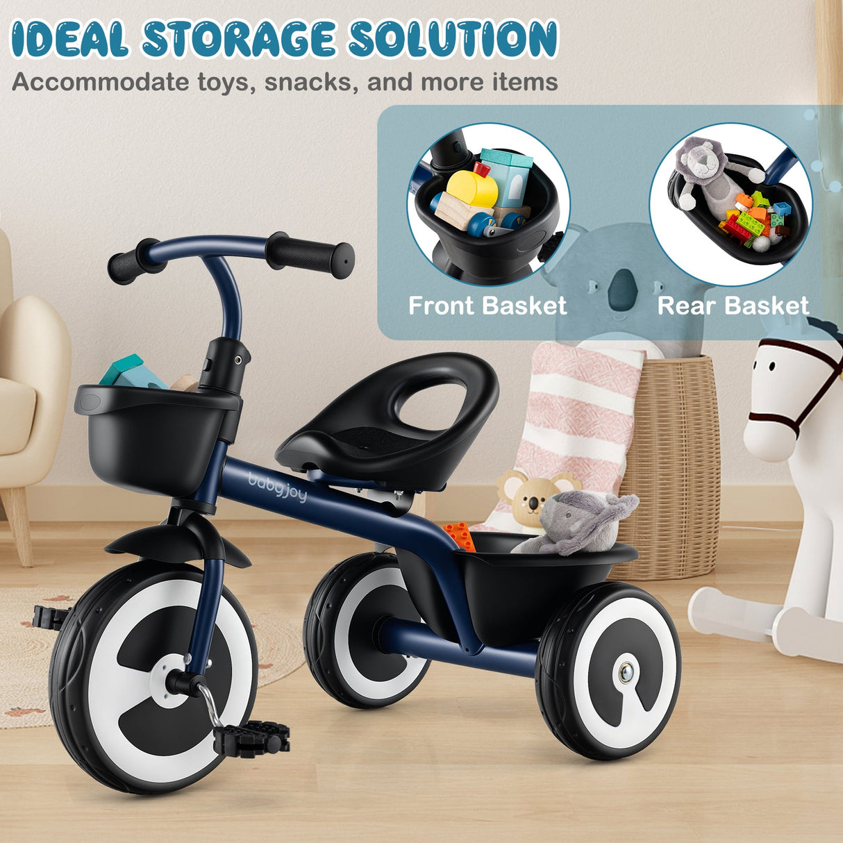 Triciclo para niños pequeños con asiento ajustable y cestas de almacenamiento para edades de 1.5 a 5 años